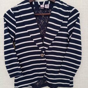 Love on a Hanger Womens Blue & White Striped Long Sleeve Lace Back Top